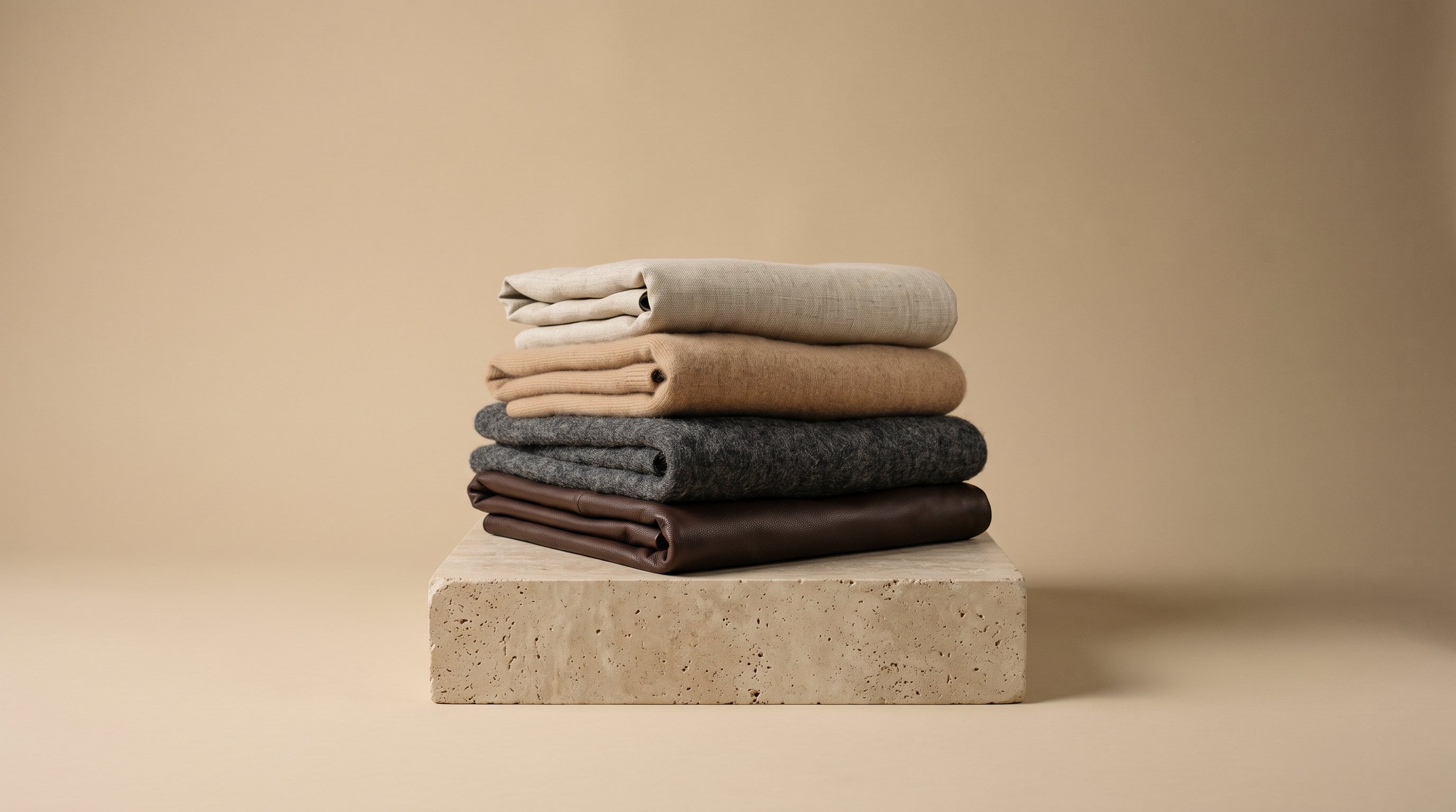 Folded natural fabrics — wool, cashmere, linen, silk and leather — on a stone plinth
