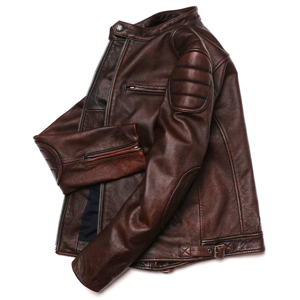 Men's slim biker coat natural calf skin vintage style