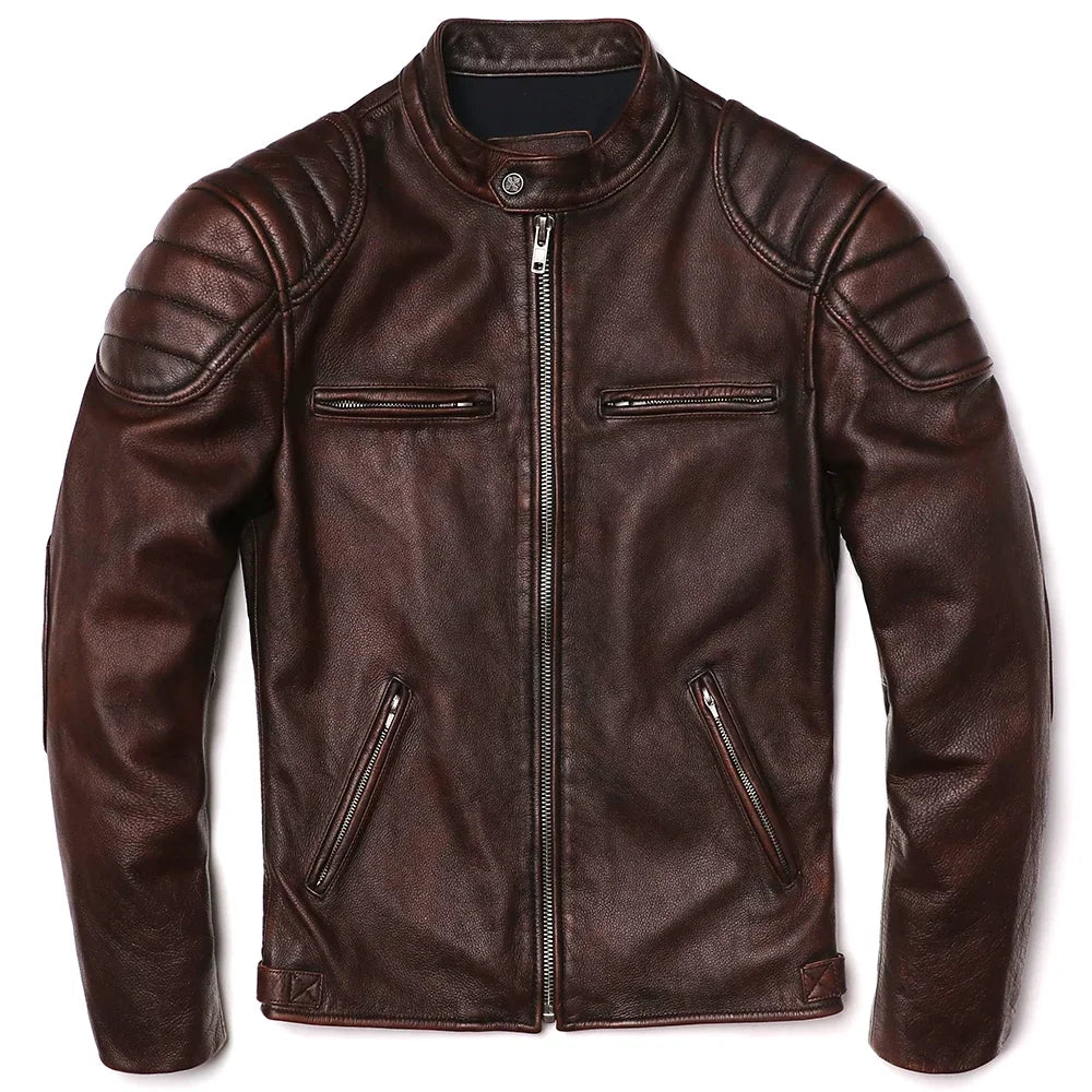 Genuine cowhide motorcycle jacket with slim fit detail