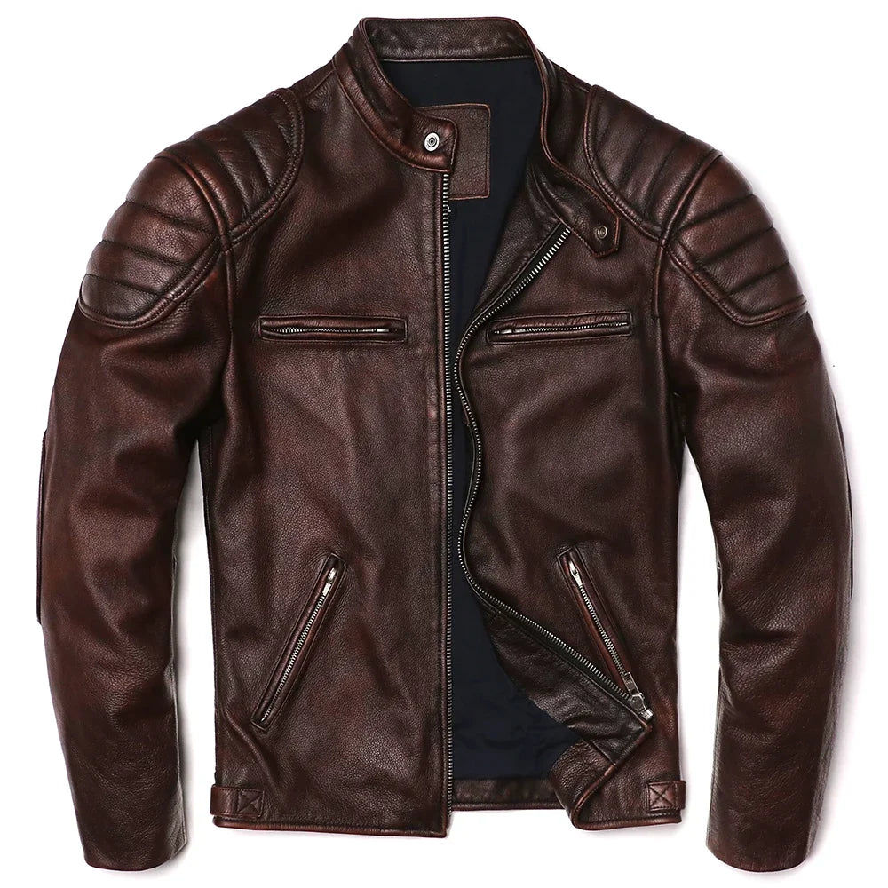 Men's vintage brown genuine leather jacket motorcycle biker coat