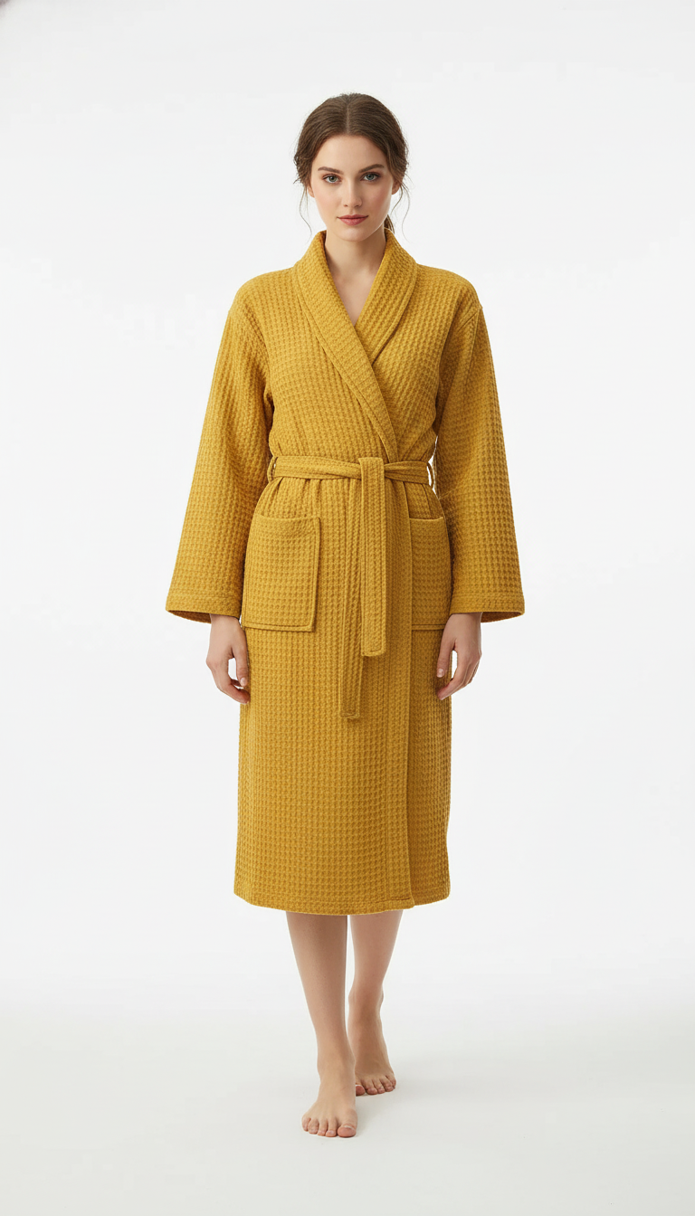 OURYE — Cotton Terry Waffle Morning Robe Long Sleeve Thin Bathrobe Hotel Style For Couples