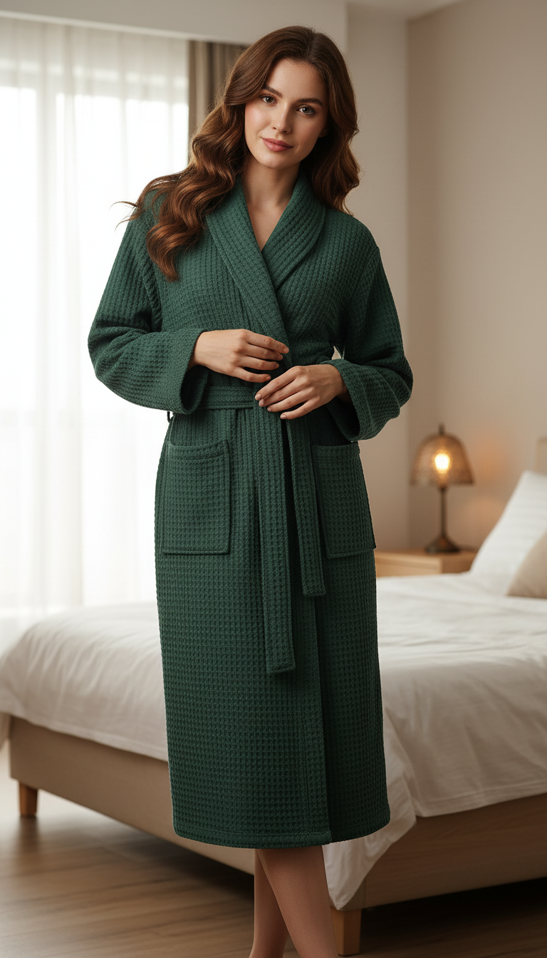 OURYE — Cotton Terry Waffle Morning Robe Long Sleeve Thin Bathrobe Hotel Style For Couples