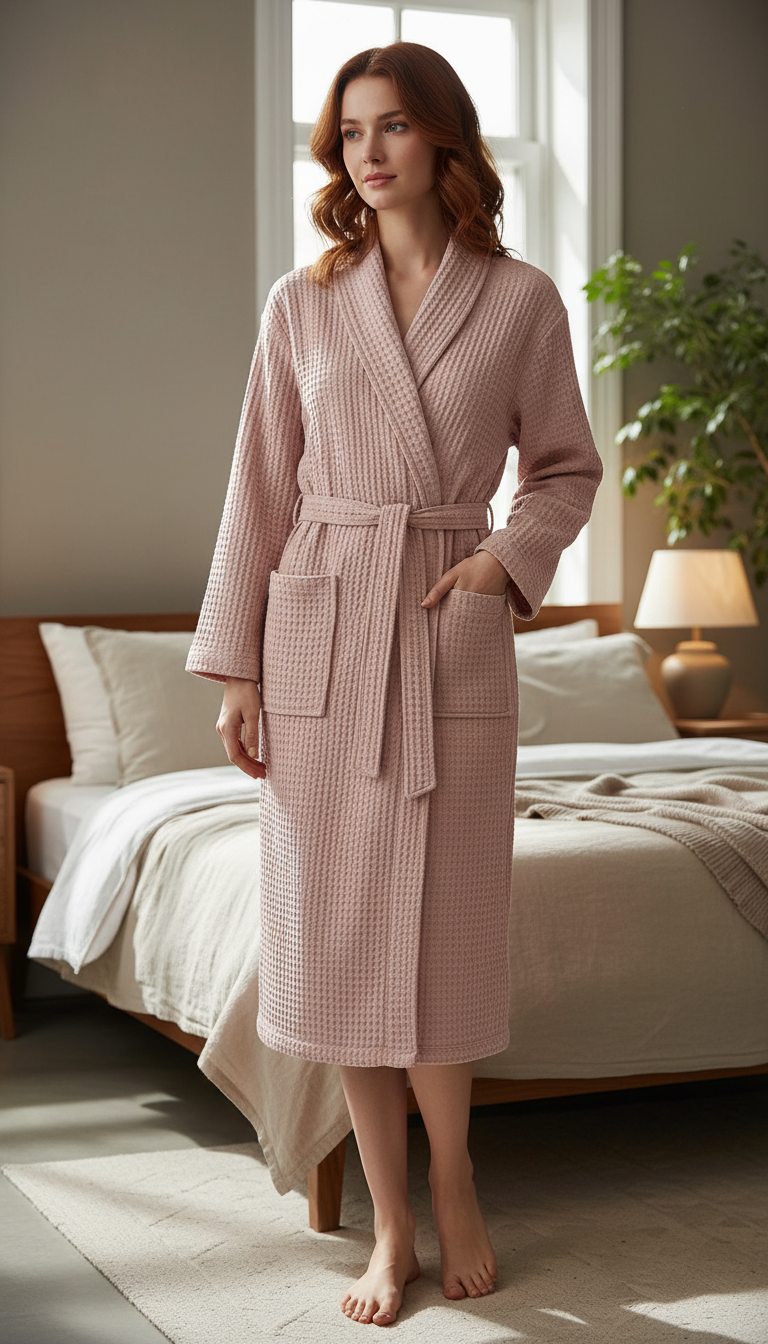 OURYE — Cotton Terry Waffle Morning Robe Long Sleeve Thin Bathrobe Hotel Style For Couples
