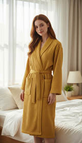 OURYE — Cotton Terry Waffle Morning Robe Long Sleeve Thin Bathrobe Hotel Style For Couples