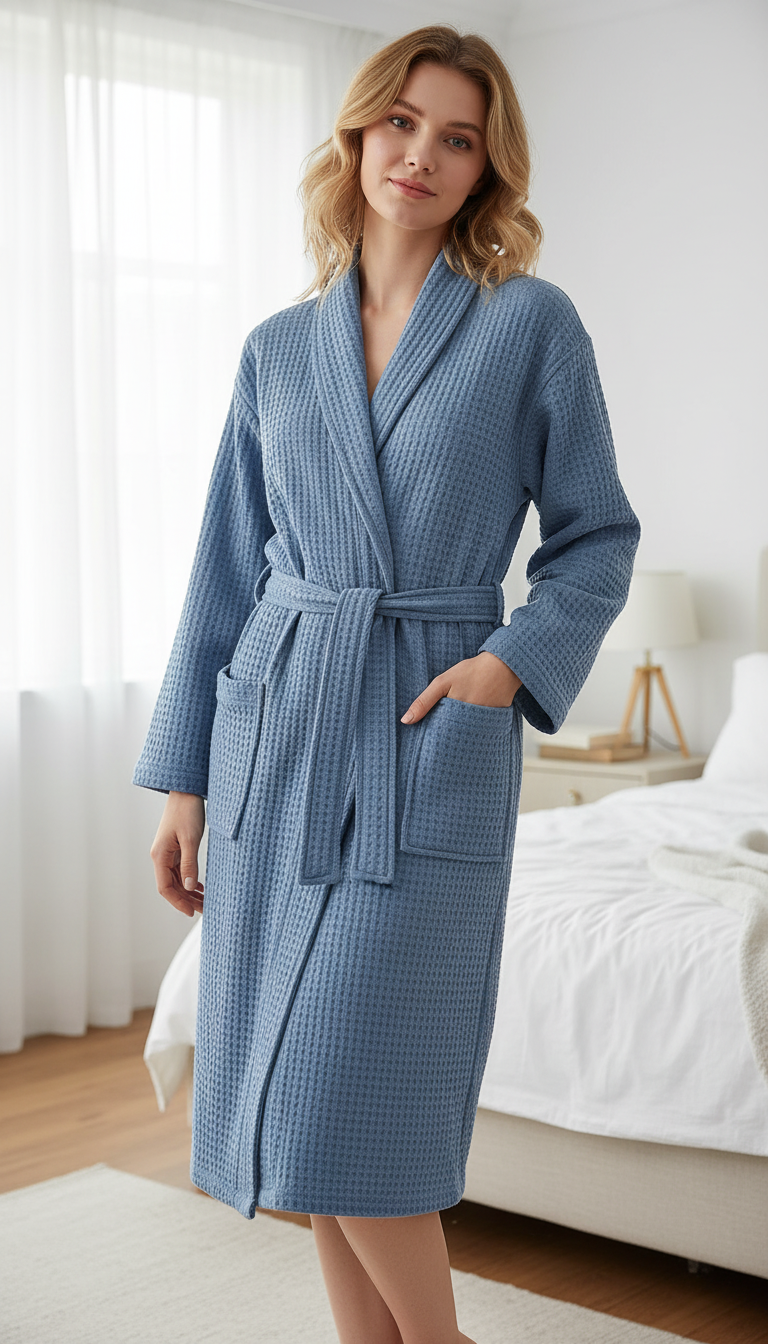 OURYE — Cotton Terry Waffle Morning Robe Long Sleeve Thin Bathrobe Hotel Style For Couples