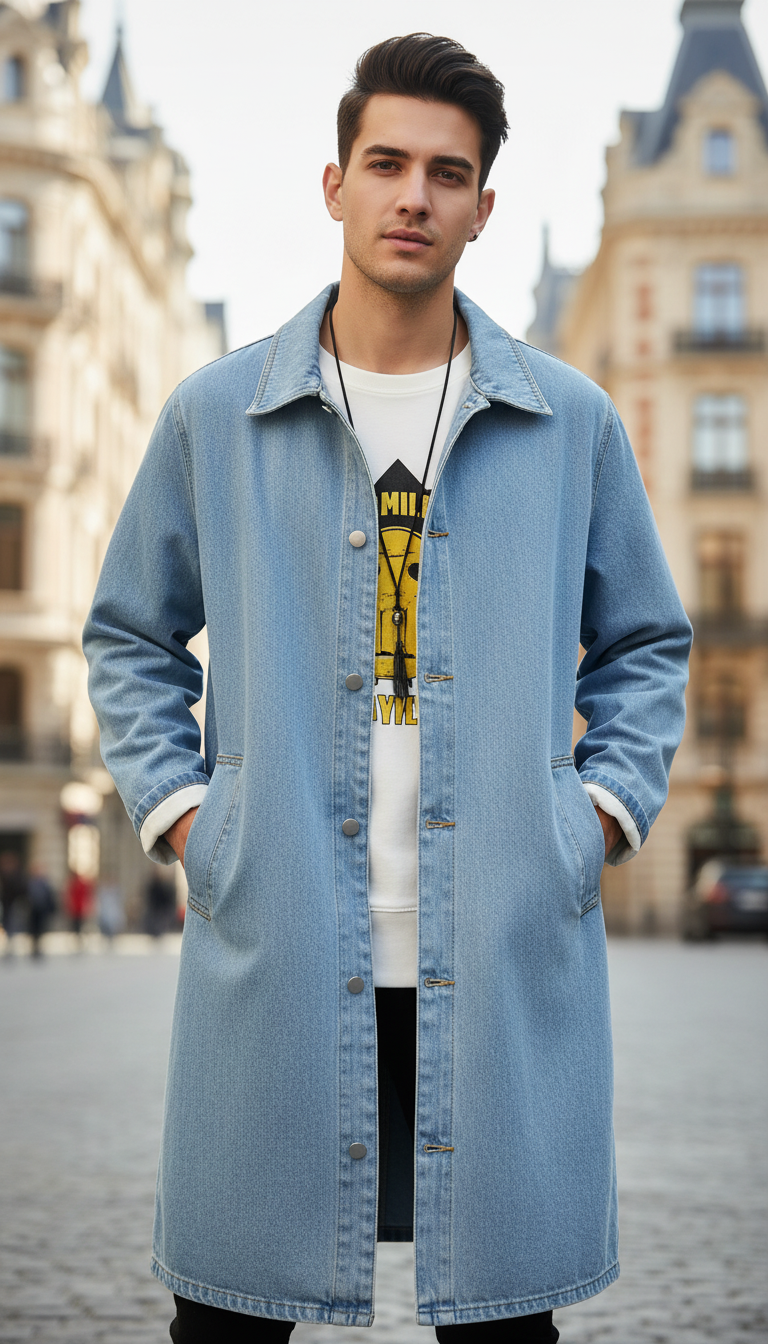 OURYE Men's Denim Trench Coat - Relaxed