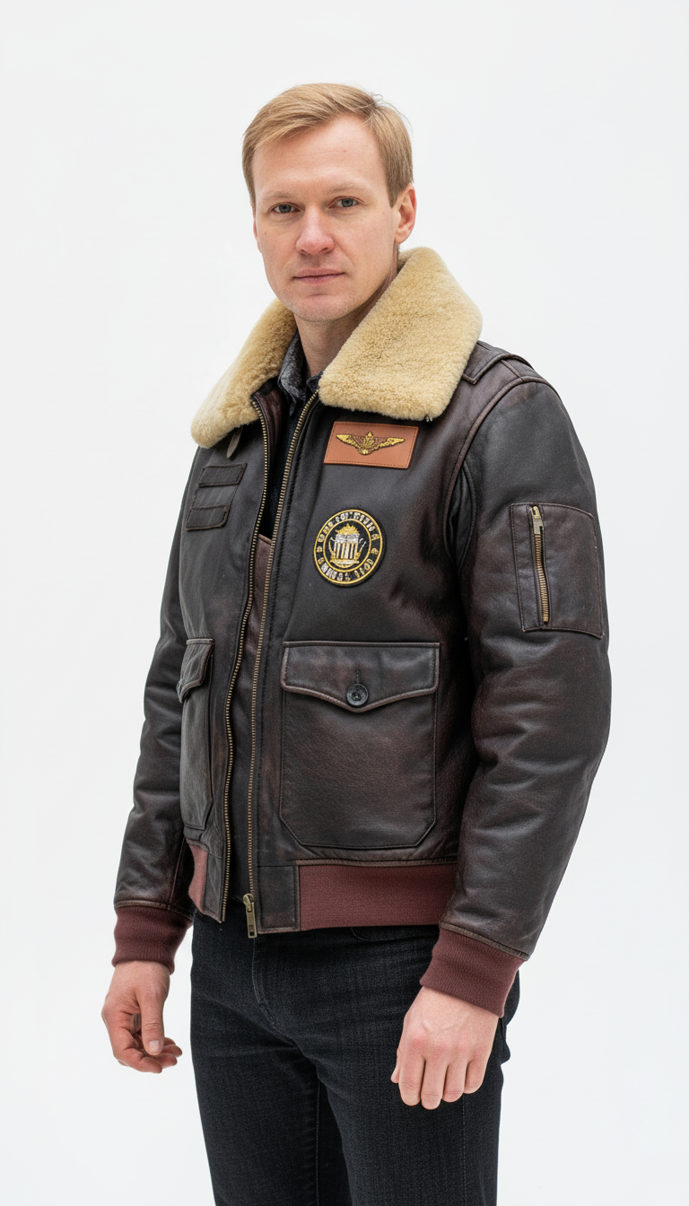 OURYE — Men's Genuine Cowhide G1 Aviator Jacket - Detachable Shearling Collar in Vintage Brown