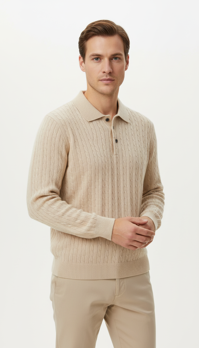 OURYE Men's Cable Knit Polo Sweater - Beige
