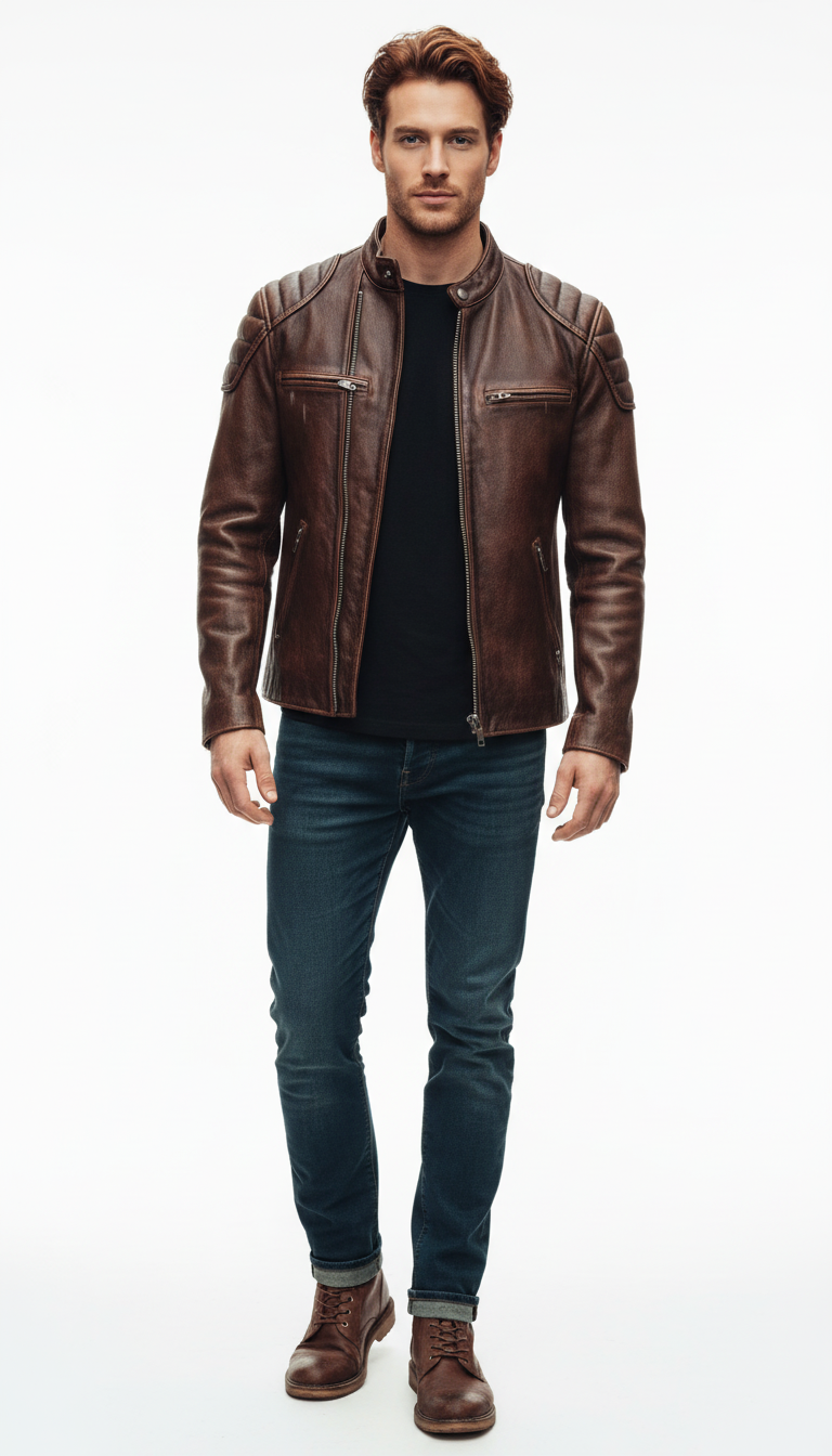 OURYE — Men's Vintage Cowhide Leather Jacket - Slim Fit Biker Style in Distressed Brown