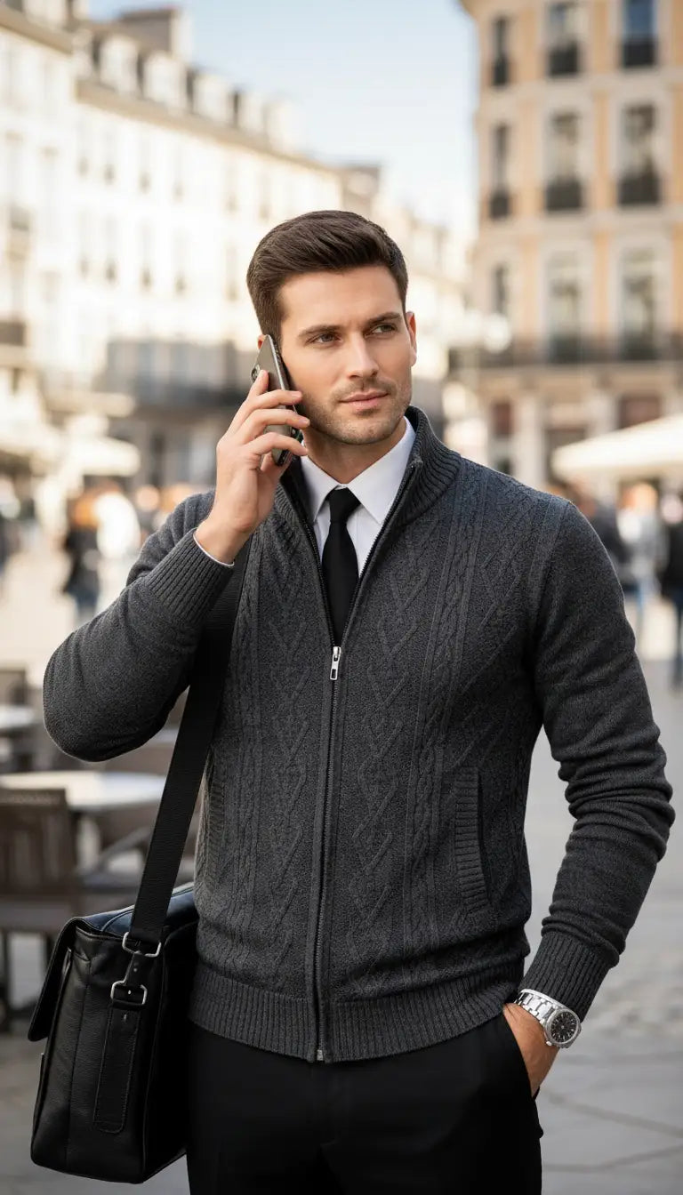 OURYE men's soft knit zip cardigan in grey