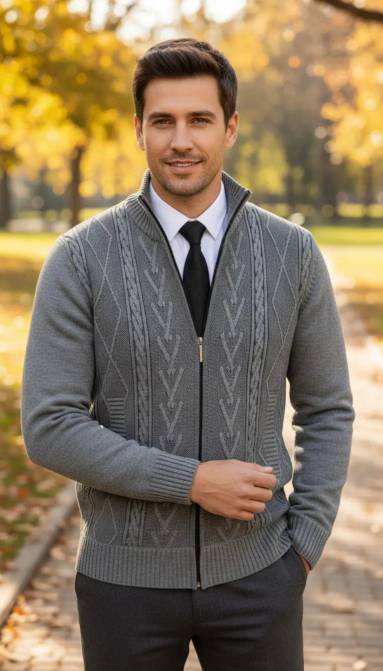 OURYE men's soft knit zip cardigan in grey