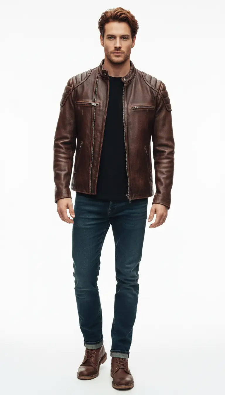 OURYE men's slim-fit leather biker jacket in distressed brown