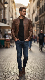 OURYE men's slim-fit leather biker jacket in distressed brown