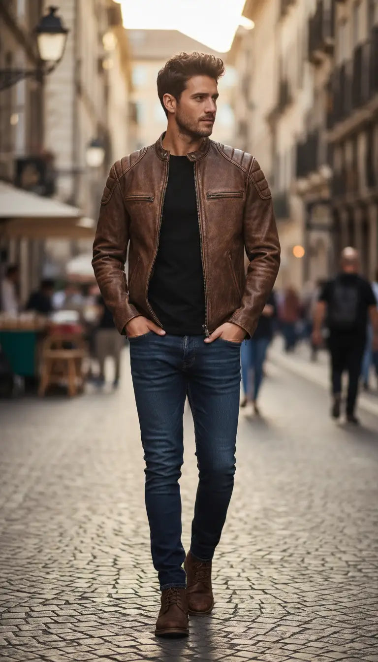 OURYE men's slim-fit leather biker jacket in distressed brown
