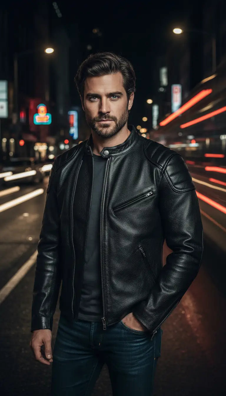 OURYE men's slim-fit leather biker jacket in distressed brown