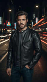 OURYE men's slim-fit leather biker jacket in distressed brown