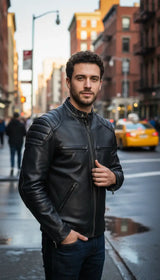 OURYE men's slim-fit leather biker jacket in distressed brown
