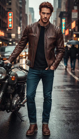 OURYE men's slim-fit leather biker jacket in distressed brown