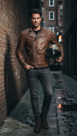 OURYE men's slim-fit leather biker jacket in distressed brown