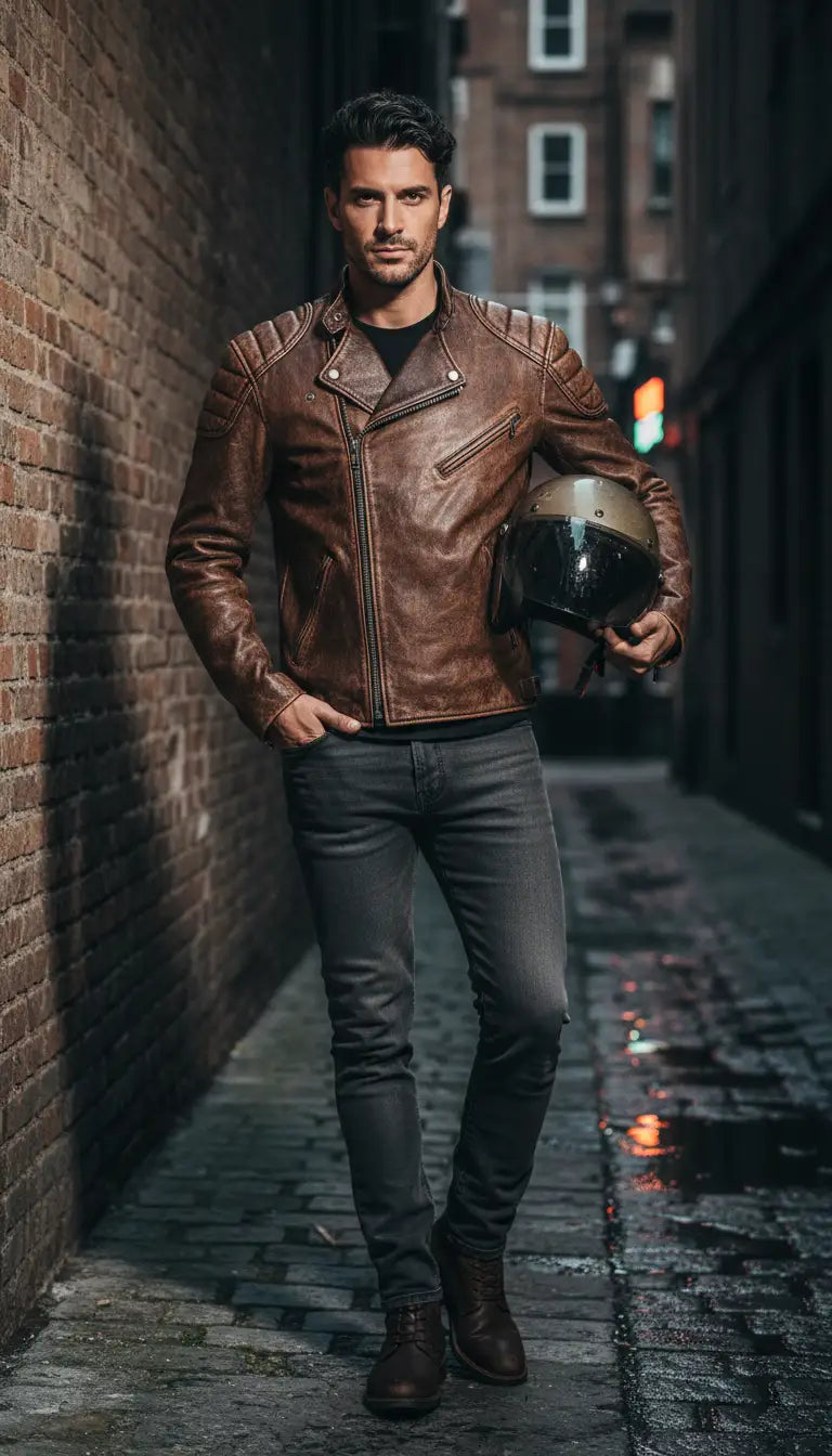 OURYE men's slim-fit leather biker jacket in distressed brown