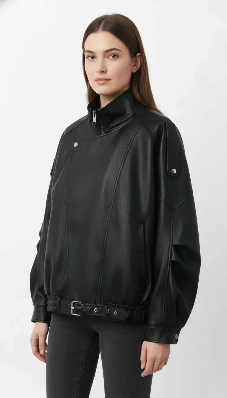 OURYE women's faux leather moto jacket in black