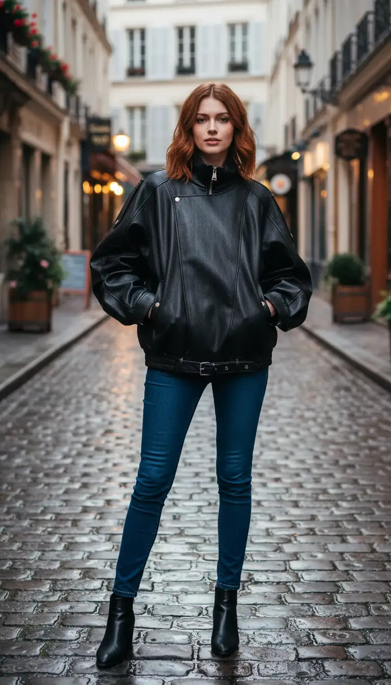 OURYE women's faux leather moto jacket in black