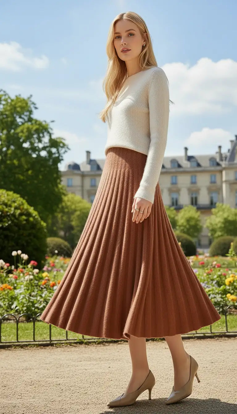 OURYE women's knit pleated A-line skirt