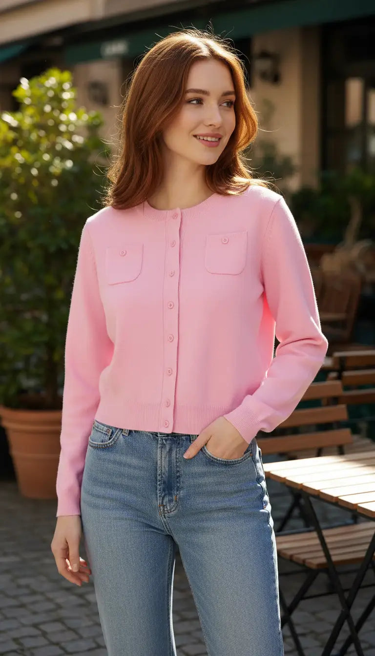 OURYE women's wool cardigan, round neck with mother-of-pearl buttons