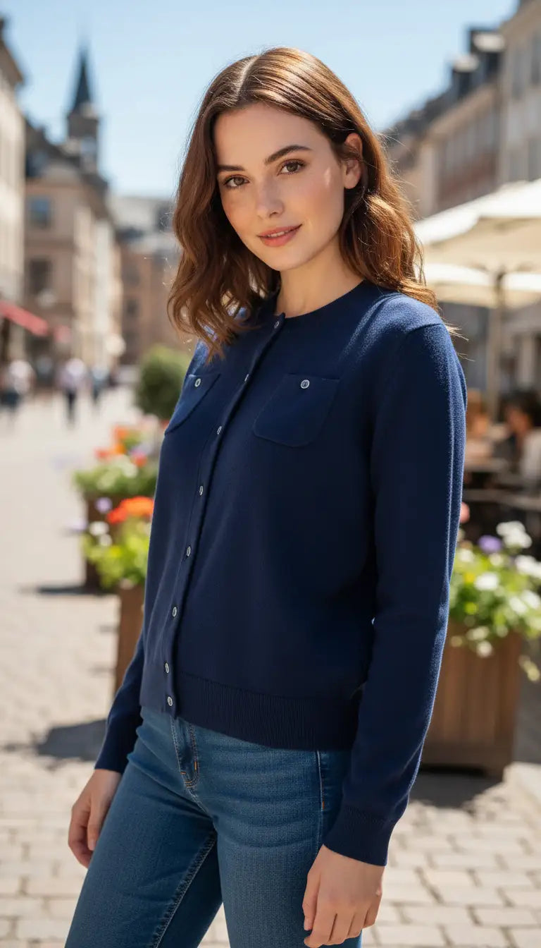 OURYE women's wool cardigan, round neck with mother-of-pearl buttons