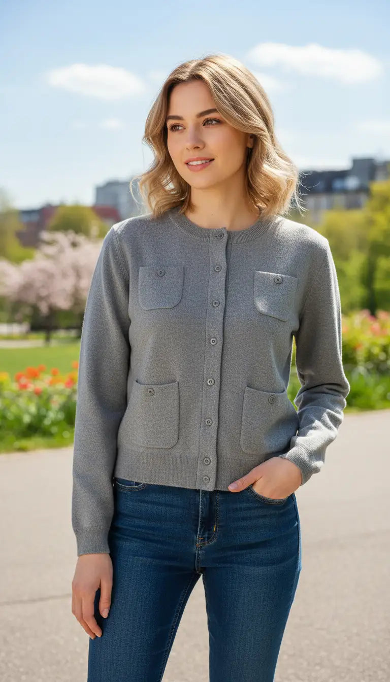 OURYE women's wool cardigan, round neck with mother-of-pearl buttons