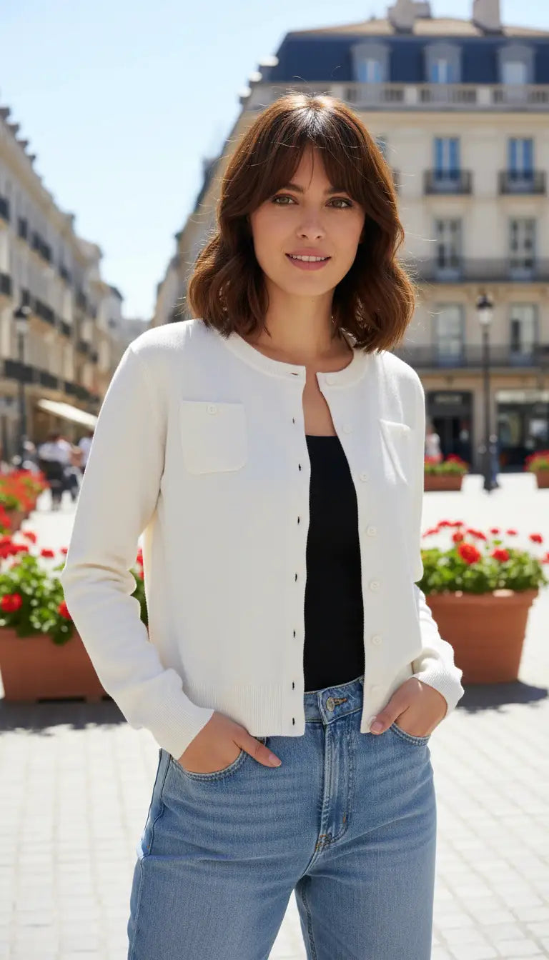 OURYE women's wool cardigan, round neck with mother-of-pearl buttons