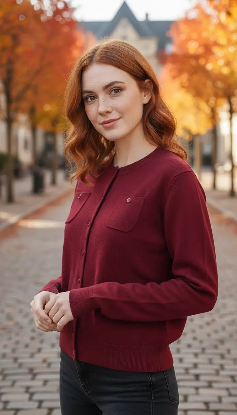 OURYE women's wool cardigan, round neck with mother-of-pearl buttons