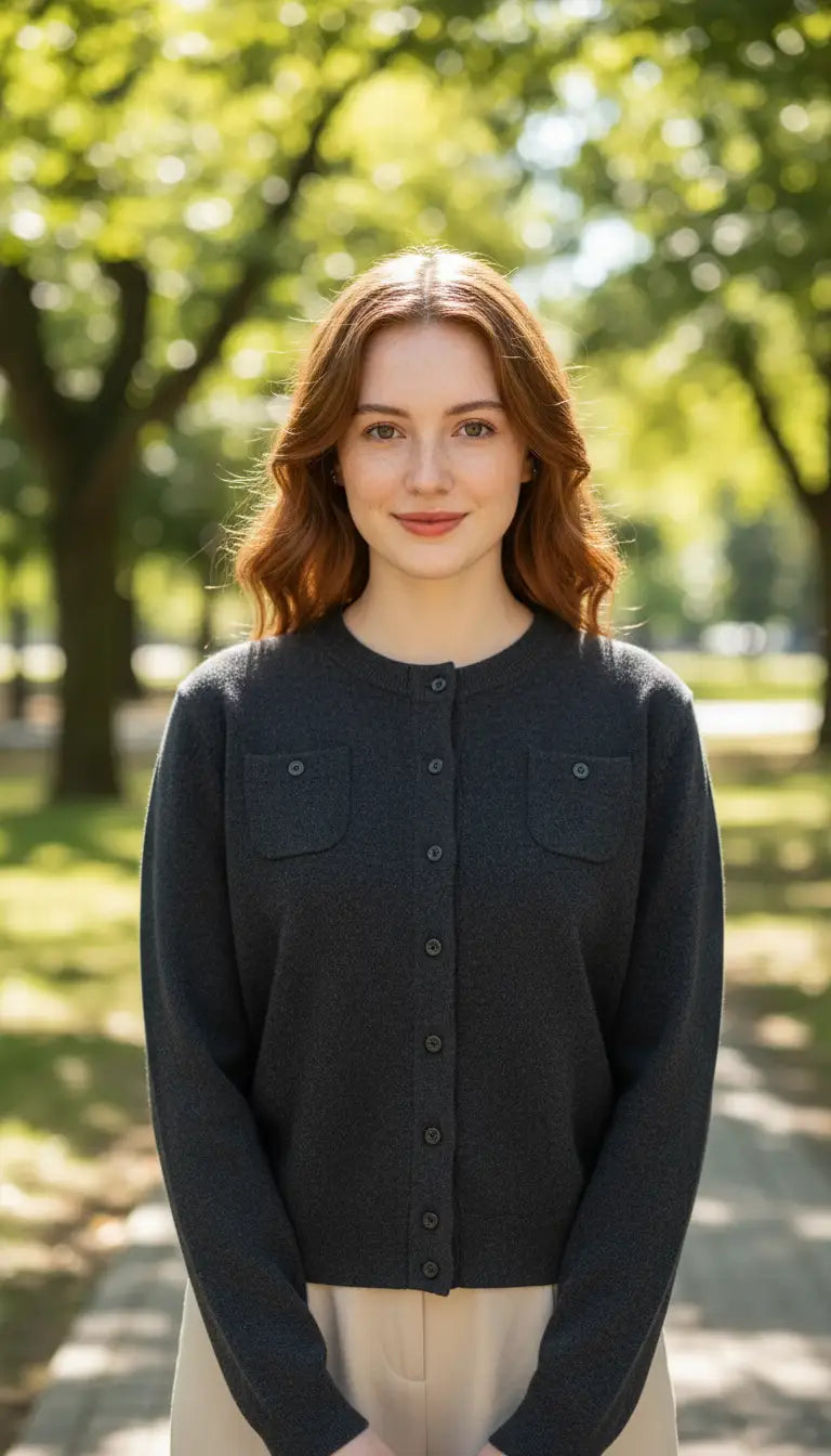 OURYE women's wool cardigan, round neck with mother-of-pearl buttons