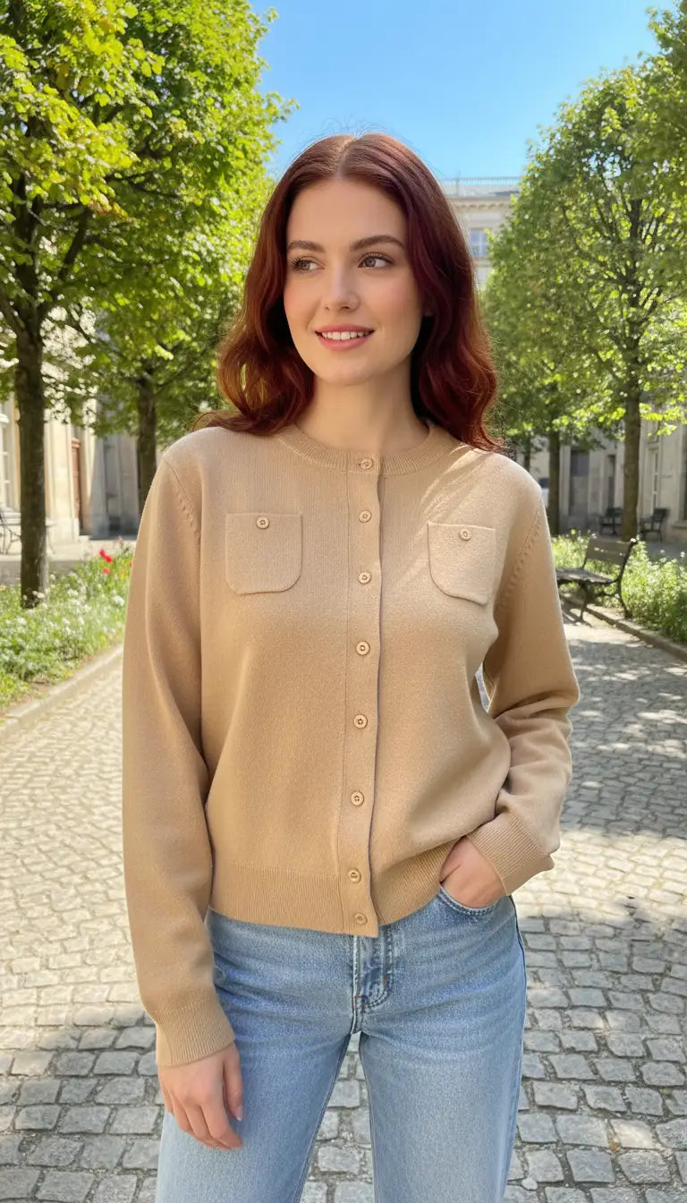 OURYE women's wool cardigan, round neck with mother-of-pearl buttons