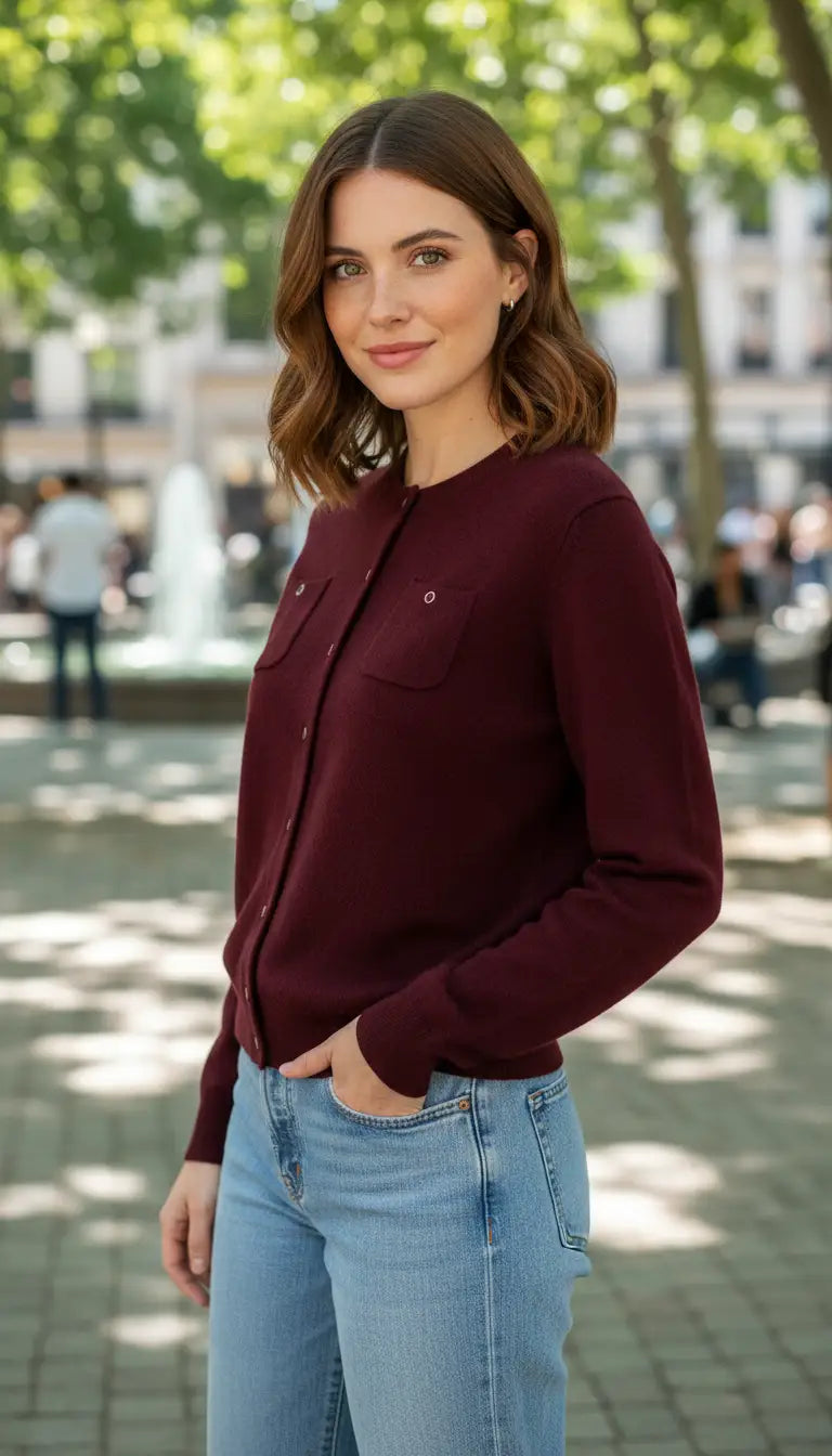 OURYE women's wool cardigan, round neck with mother-of-pearl buttons