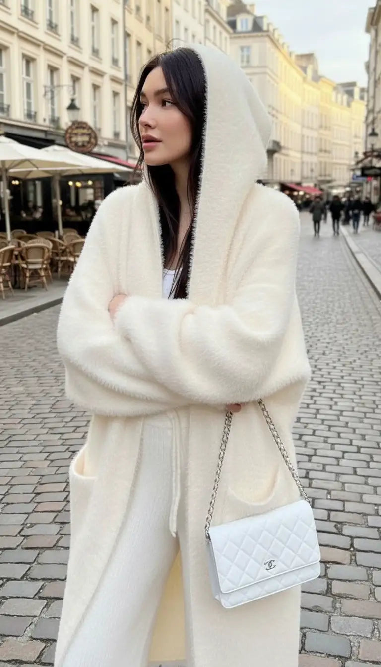 Women's Long Knitted Cardigan - Fluffy Cashmere Sweater - Back View