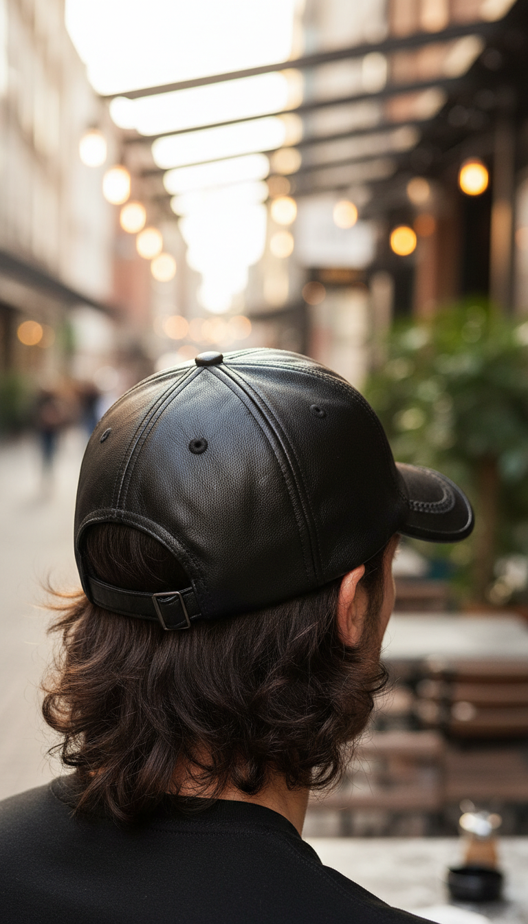 Unisex Leather Baseball Cap - Snapback with Warm - Detail Close-Up