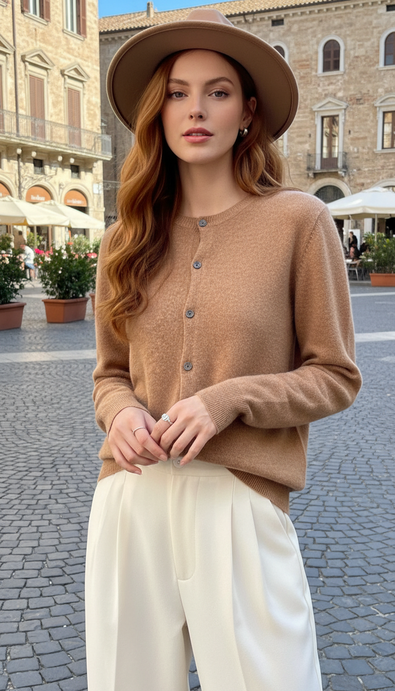 Women's 100% Merino Wool Cardigan - O-Neck Button - Back View