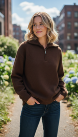 Women's 100% Wool Half-Zip Sweater - Loose Fit - Detail Close-Up