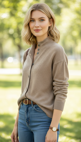 Women's Cashmere Cardigan - Half High Collar Button - Back View