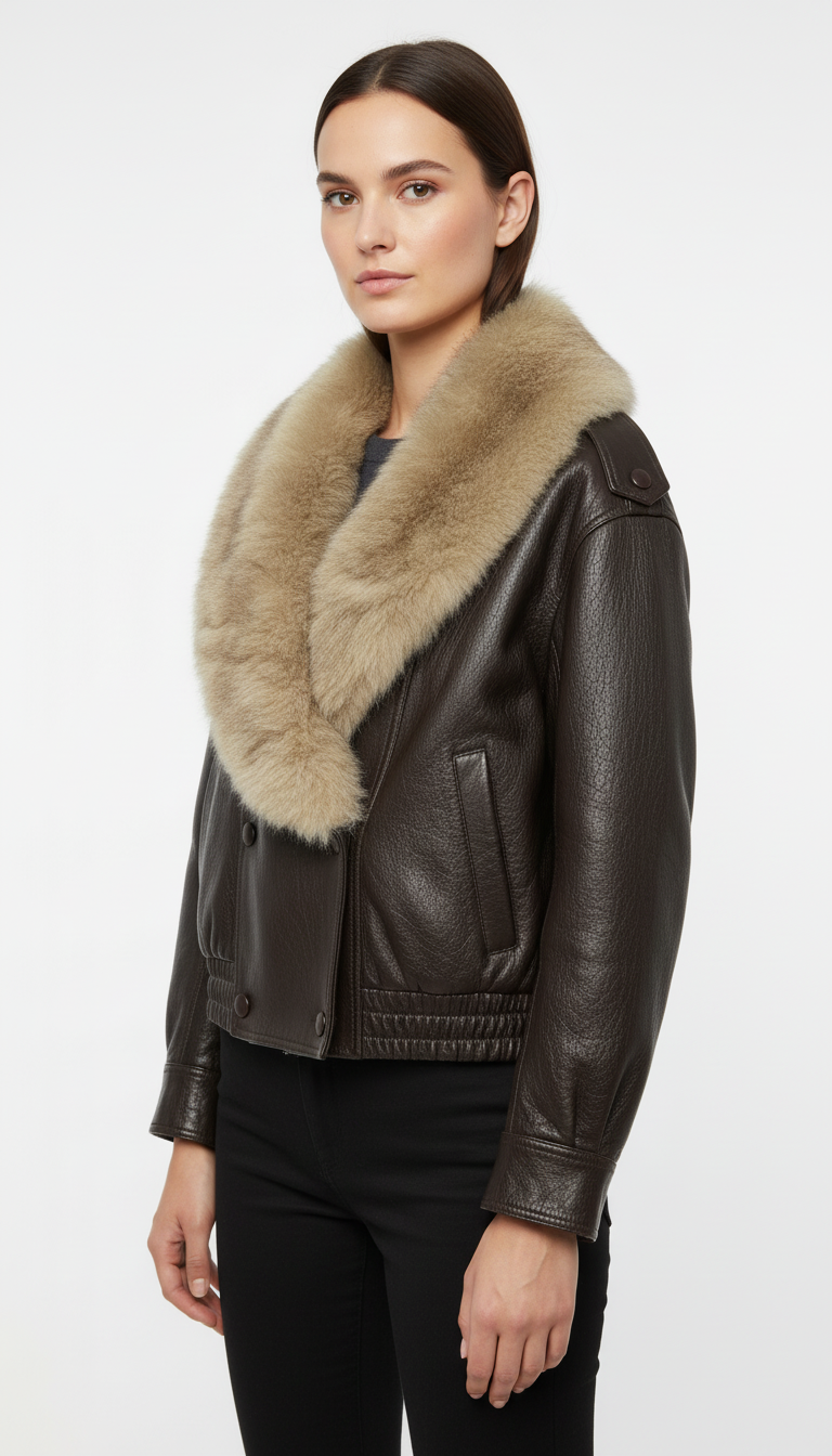OURYE — Women's Faux Leather Double-Breasted Jacket, Oversized in Coffee