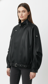 OURYE — Women's Faux Leather Moto Jacket, Long Cut, Asymmetric Zip in Black