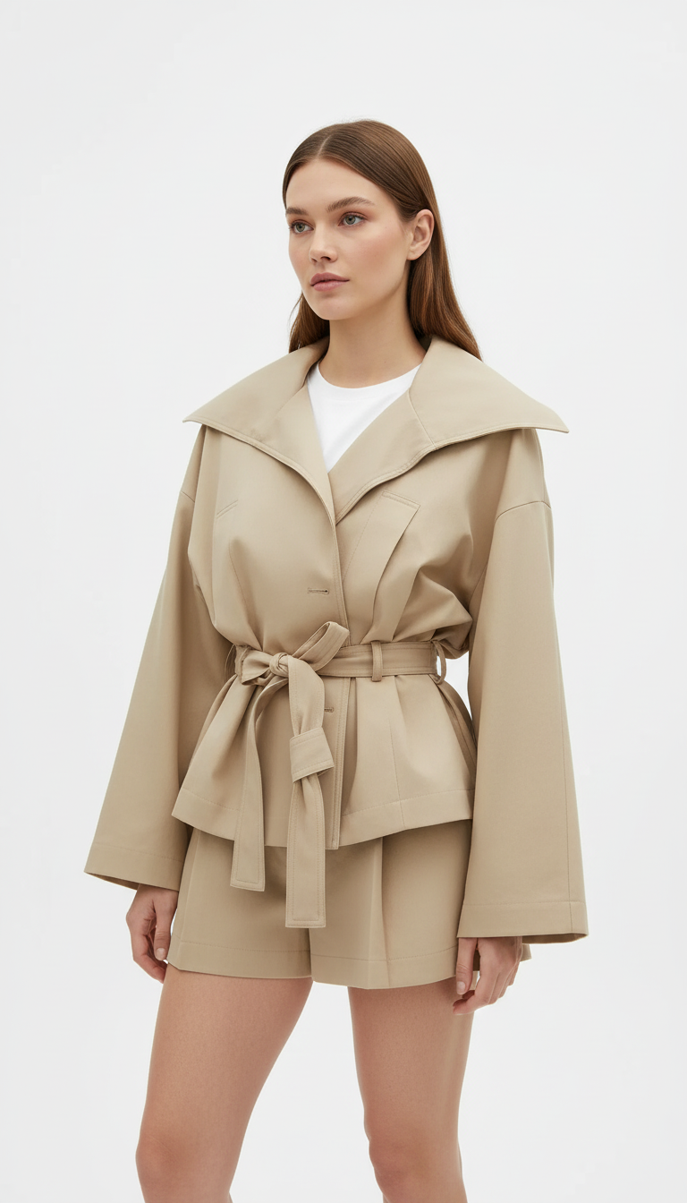 OURYE Women's Belted Jacket Two-Piece Set - Relaxed in Khaki
