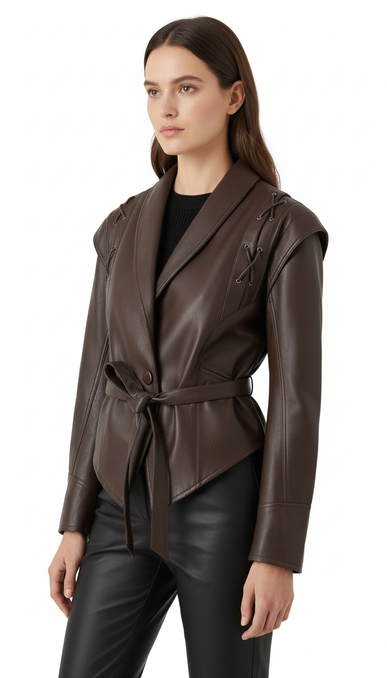 OURYE — Women's Oversized Faux Leather Jacket, Belted Dropped-Shoulder Cut