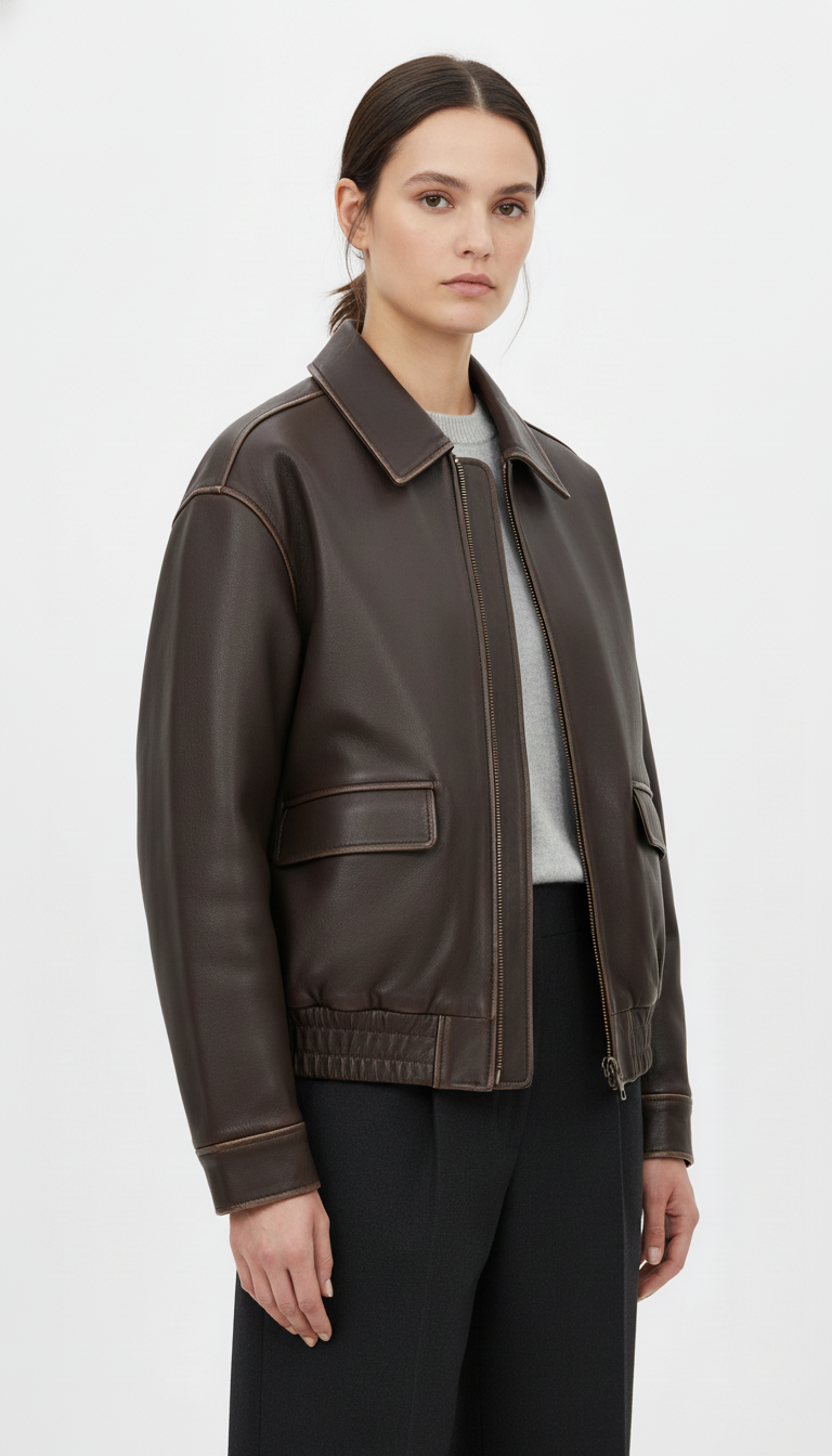 OURYE Women's Faux Leather Bomber Jacket - Oversized in Brown