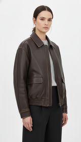 OURYE Women's Faux Leather Bomber Jacket - Oversized in Brown