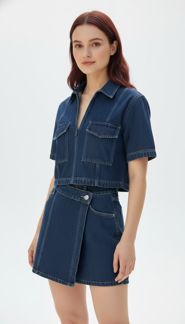 OURYE Women's Denim Zip Top Set - Slim Fit