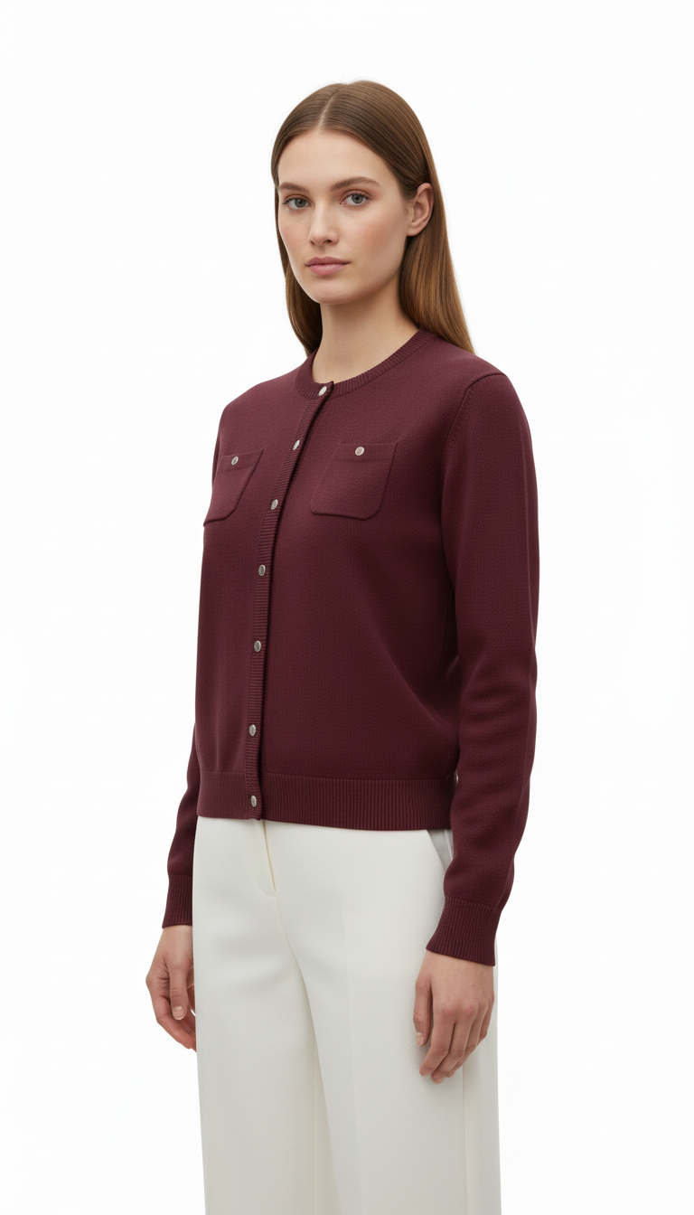 OURYE — Women's Pure Wool Knit Cardigan, Round Neck, Mother-of-Pearl Buttons