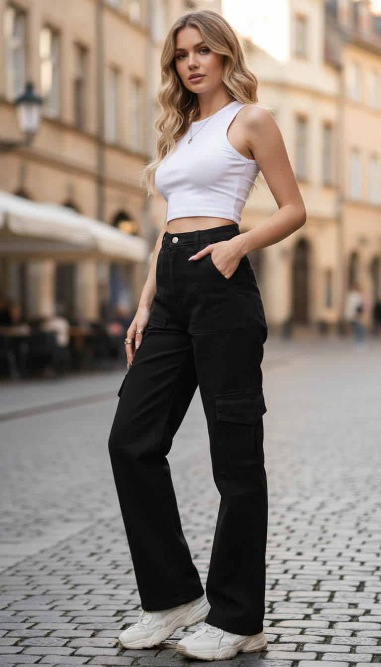 OURYE Women's Cotton Cargo Pants - Wide Leg