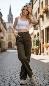 OURYE Women's Cotton Cargo Pants - Wide Leg